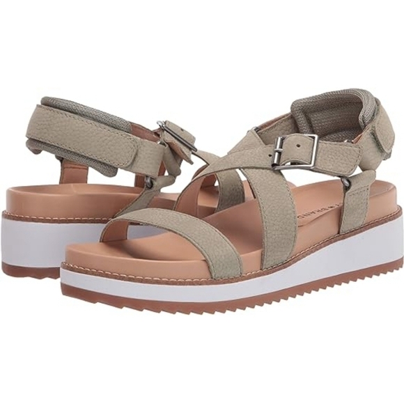 Lucky Brand Idenia Tan Nude Nubuck Suede Leather Platform Buckle Wedge Sandals 9 - Picture 1 of 9